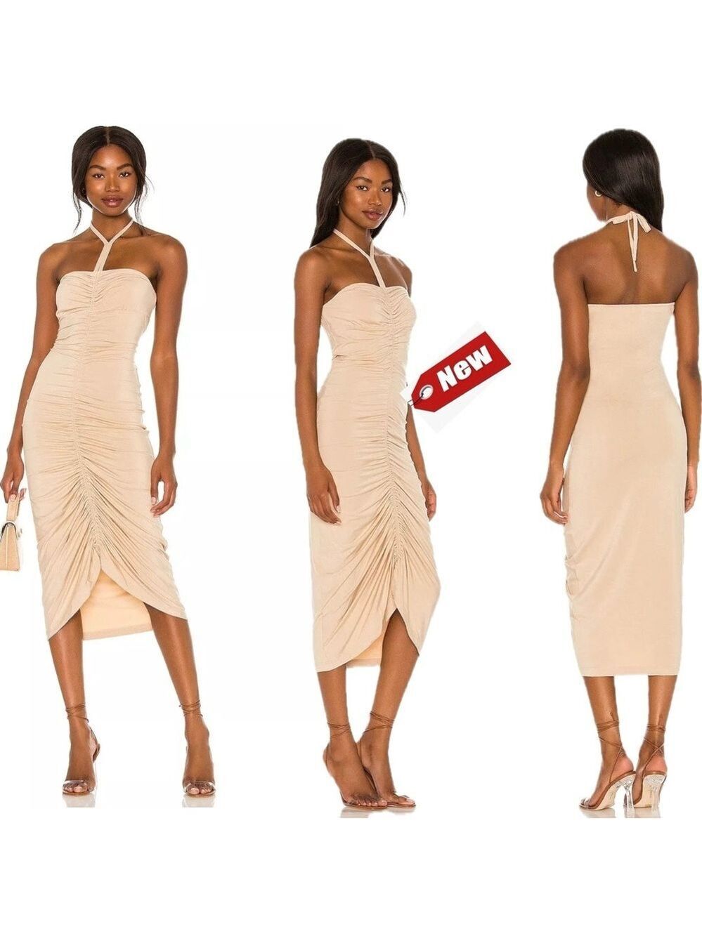 Ronny Kobo Halter Midi Alma Dress Darlene Beige Ruched Stretch Jersey Sz M